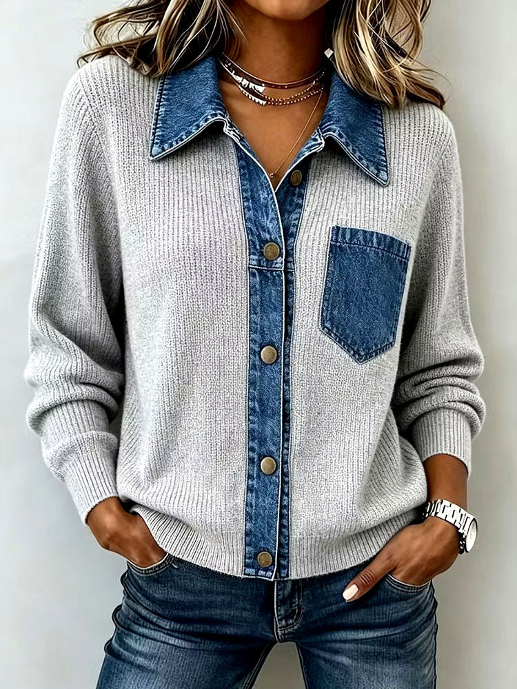 Carys – Casual Denim Pocket Knit Tops